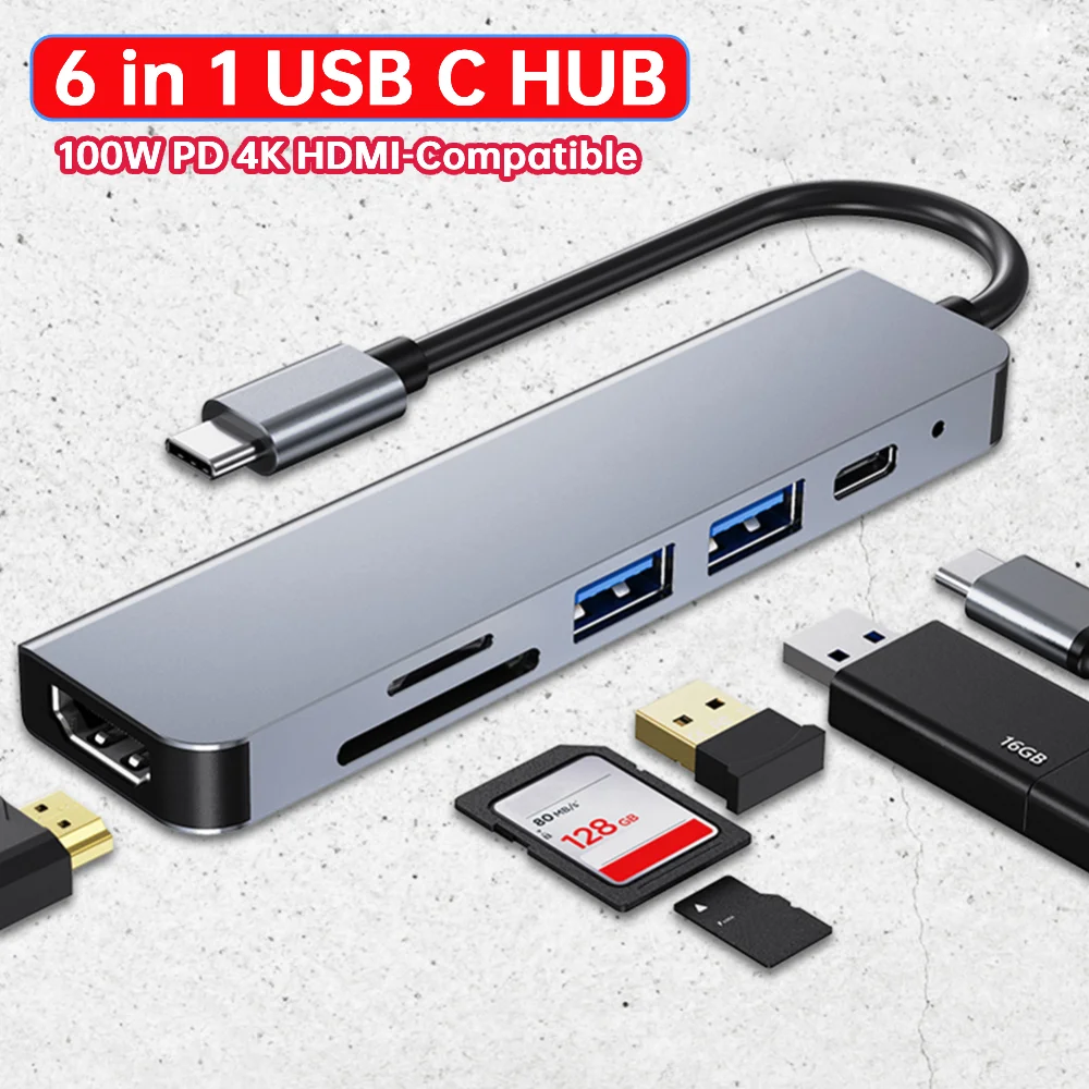 6 in 1 USB C Hub 100W PD 4K HDMI-Compatible USB C Dongle USB 3.0 USB 2.0 USB Splitter for USB C Laptops and Other Type C Devices