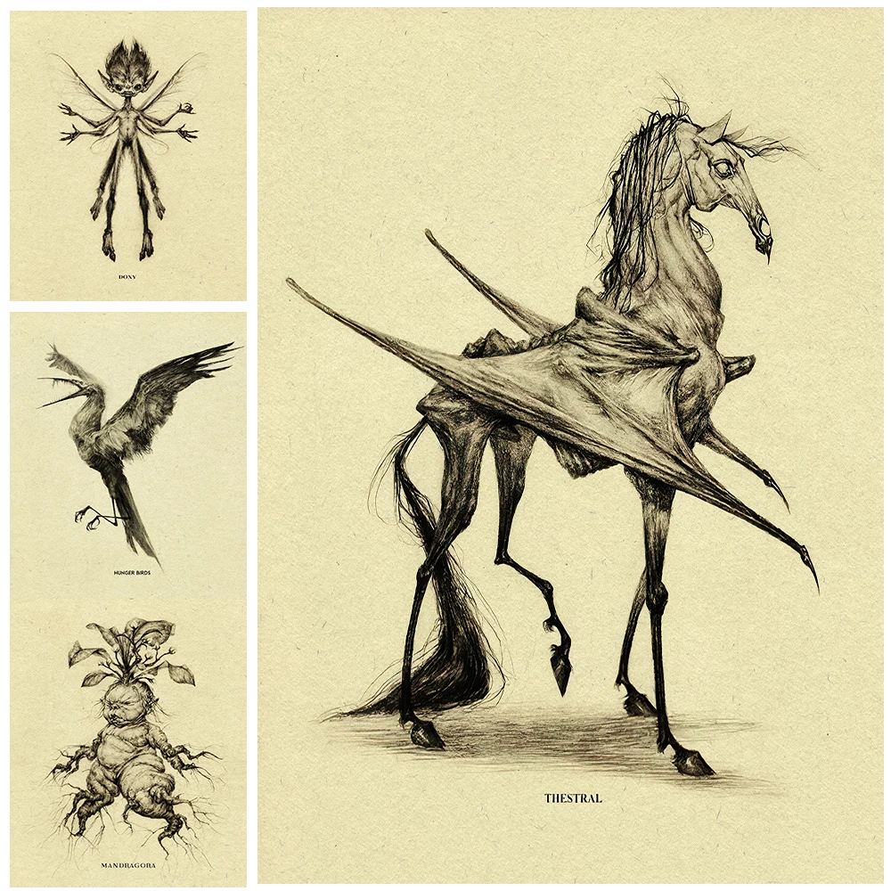 

Mysterious Creatures Of The Wizard World Vintage Wall Art Harry P.Canvas Painting Thestral,Mandrake,Fairy Art Poster Print Decor