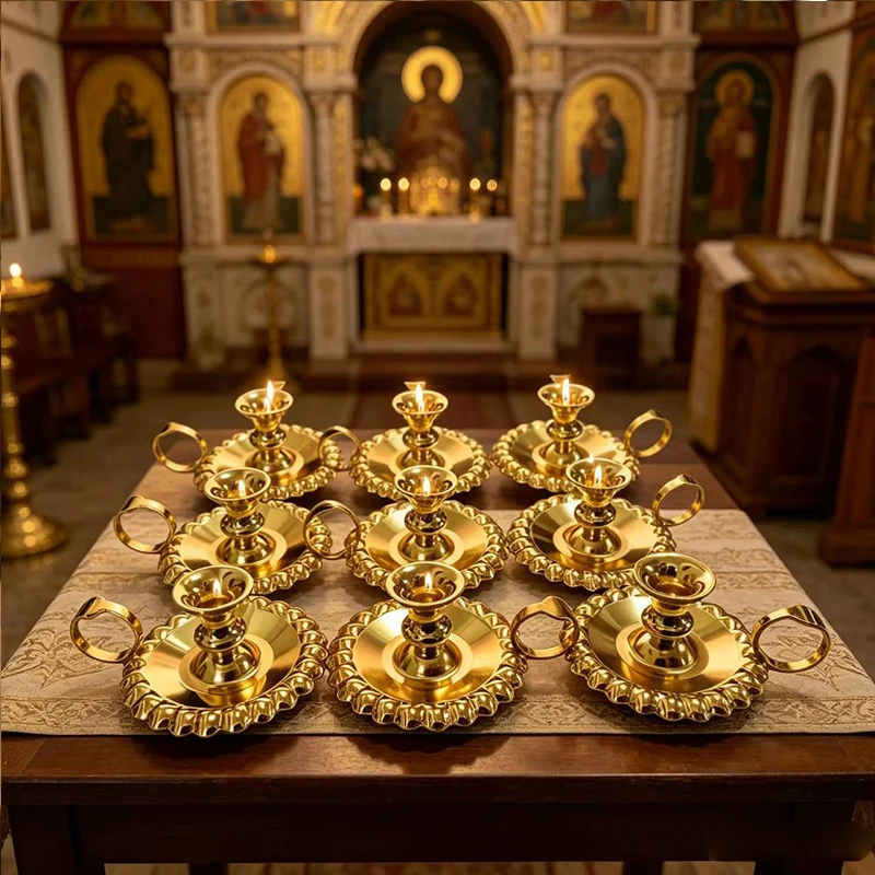 Orthodoxer Kerzenhalter aus Goldmetall mit Griff, verzierter byzantinischer Kerzenständer für Heimaltar, Kirchendekoration, religiöses christliches Geschenk – Detail 4