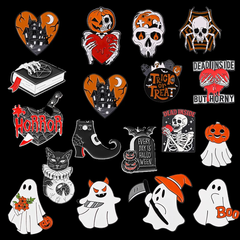 Halloween Enamel Pin Ghost Punk Black White Bone Goth Brooches Backpack Skull Horror Skeleton Spider Lapel Heart Jewelry Gift