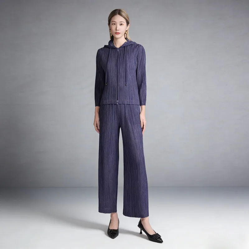 

Miyake Pleated Pants Set Plisse 2026 Denim Blue Pleats Set Hooded Zipper Top Spring Autumn Commuter Wide-Leg Pants 2-Piece Set