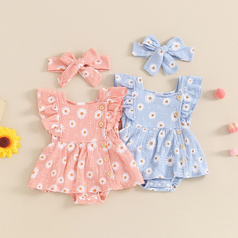 

2024-04-06 Lioraitiin 0-18M Newborn Baby Girl Outfit Flower Print Fly Sleeve Romper Dress with Hairband Summer Clothes