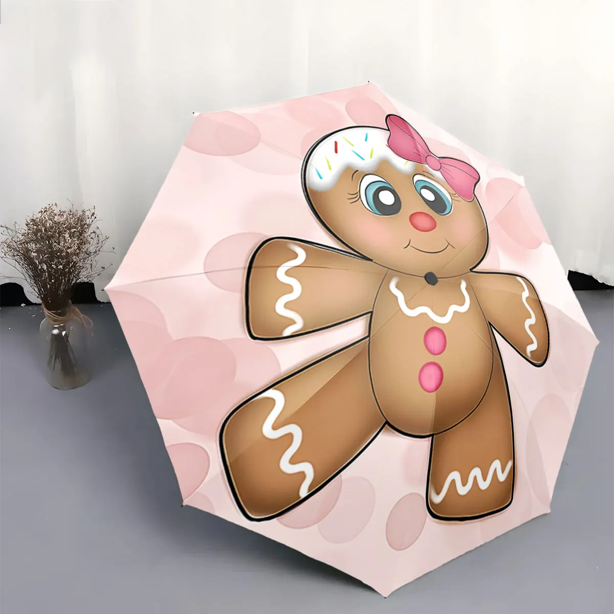 Cute Gingerbread Girl with Pink Bow on Pastel Background portable waterproof sun rain umbrella for outdoor travel beach