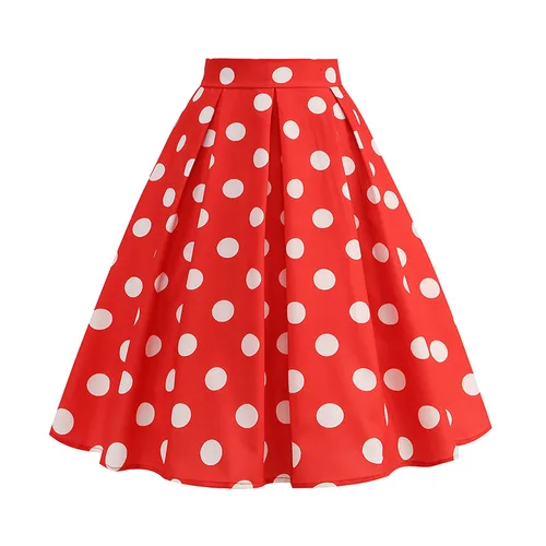 Faldas de verano Vintage para mujer, cintura alta, estampado de lunares, rojo, blanco, negro, elegante túnica por debajo de la rodilla de los años 50