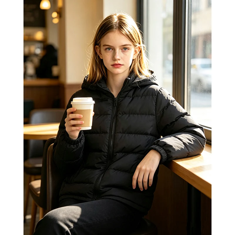 Girls 8‑10Y Winter Detachable Hood Puffer Coat Zip‑Up Quilted Padded Jacket Side Pockets Warm Casual Kids Outerwear