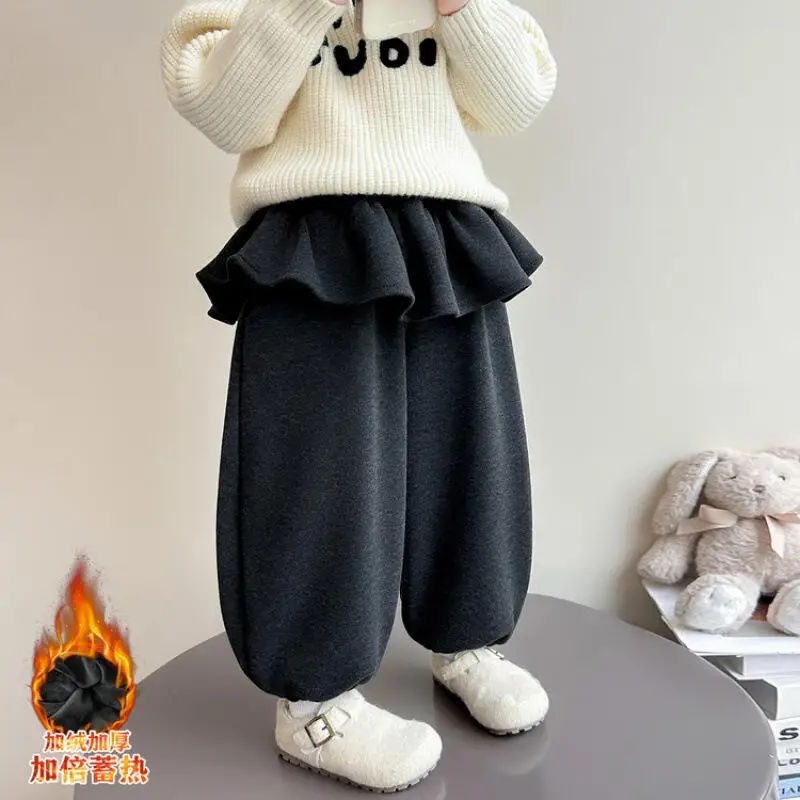 Girl Winter Thicken Pants Autumn Ankle Strap Fleece-Lined Sweatpants Child Elastic Waist Fashion Cute Keep Warm Casual Clothing