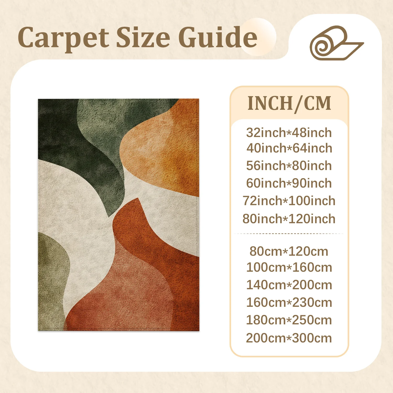 Large Indoor Area Rug Soft Velvet Low Pile Non-Slip Dotted Backing Machine Washable Abstract Organic Curved Shapes Rug in Terracotta Olive Beige for Living Room Bedroom Mid Century Modern Boho Home Decor