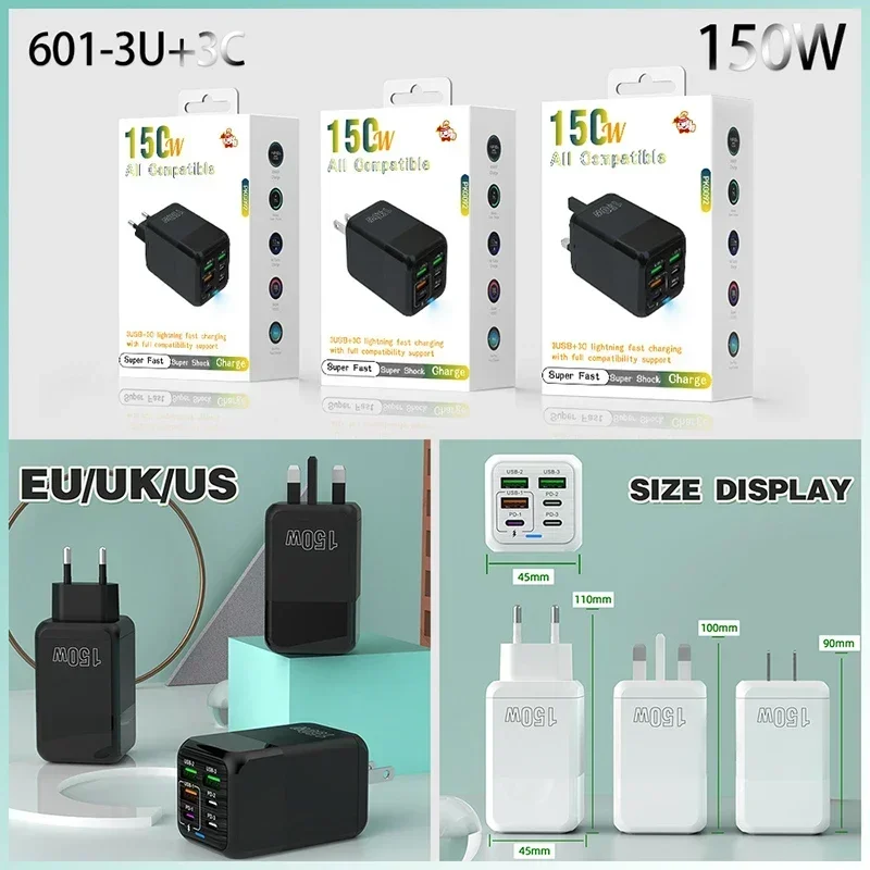 Szybka ładowarka 150 W Kabel USB typu C PD 6A Szybkie ładowanie Adapter Quick Charge 3.0 do telefonów komórkowych iPhone Samsung Xiaomi