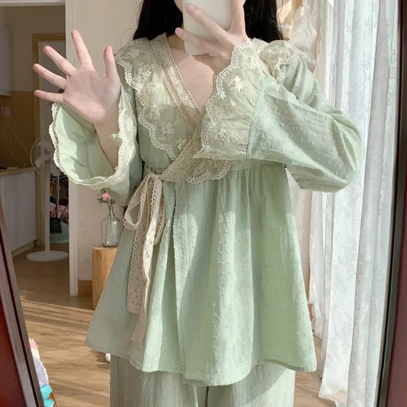 Pajama Princess Palace Wind Spring and Autumn Long Sleeve Suit Sweet and Lovely Retro Kimono High Sense Homewear Solid Pajamas