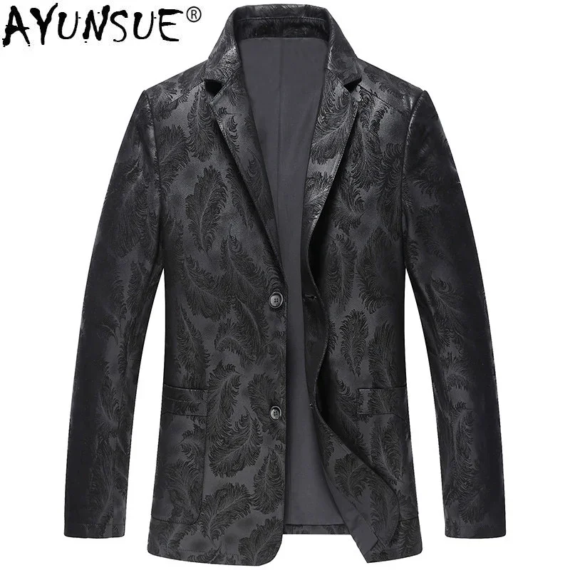 

AYUNSUE Spring Genuine Leather Jacket Men New Real Sheepskin Coat for Men Plus Size Leather Blazers Print Slim Fit 4778 KJ1936