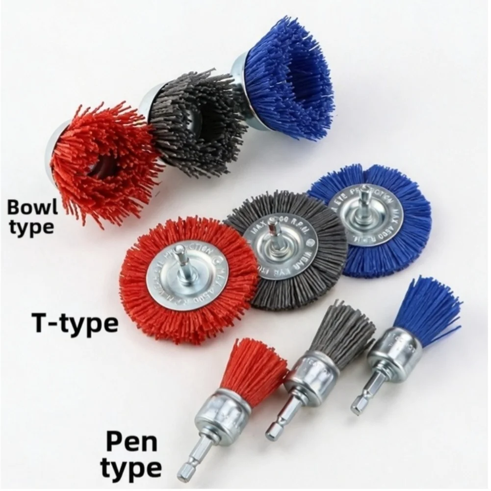 9Pcs Abrasive Nylon Brush Set For Drill Rust Removal Wood Polishing Metal Cleaning Wire Wheel, Multi-Shape Abrasive Brush Set