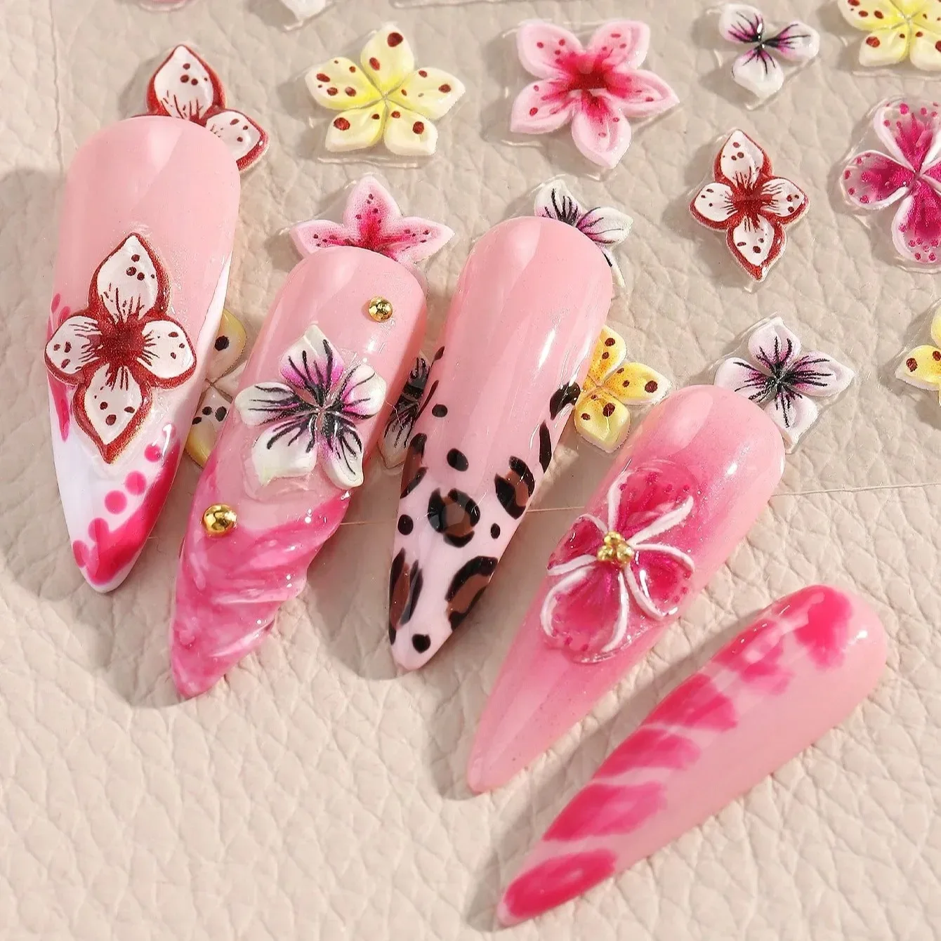 5D Embossed Nail Art Stickers Shiny Laser Cut Retro Chinese Design Self-Adhesive Clock Rose Florals Leaves Petal Nail Decals