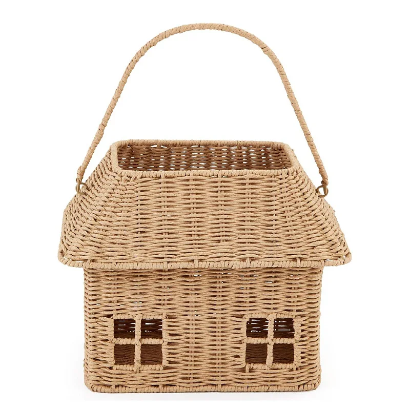 

Handmade House Woven Straw Bag Hollow Rattan Basket Bags for Women Wicker Handbag Fruit Storage Picnic Basket Purses NEW Clutch