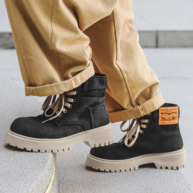 

Men Platform Denim Boots Vintage Design Ankle Shoes Male Brand High Quality Comfortable Boots Cool Casual Lace Up Outdoor Shoes