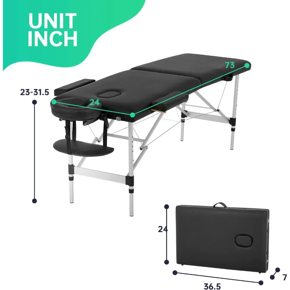 طاولة تدليك محمولة من الألومنيوم ، ارتفاع قابل للتعديل ، سرير سبا ، 2 أضعاف ، سرير صالون وشم الوجه ، مع مهد الوجه ، حقيبة حمل