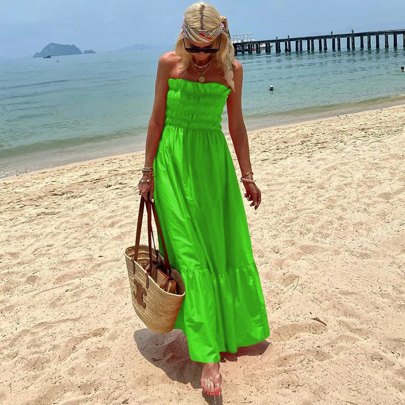 

summer Women's Fashion strapless Bohemian Holiday maxi Dress sexy solid ruffles hem elegant beach party sleeveless dresses robe