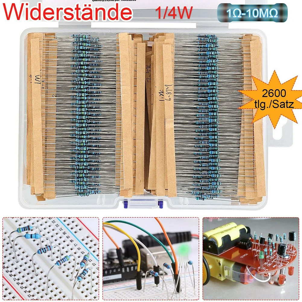 2600 buah Kit bermacam-macam Resistor Film logam 0.25W Resistor, Kit Pak beragam nilai 130 Resistor beragam alat elektronik