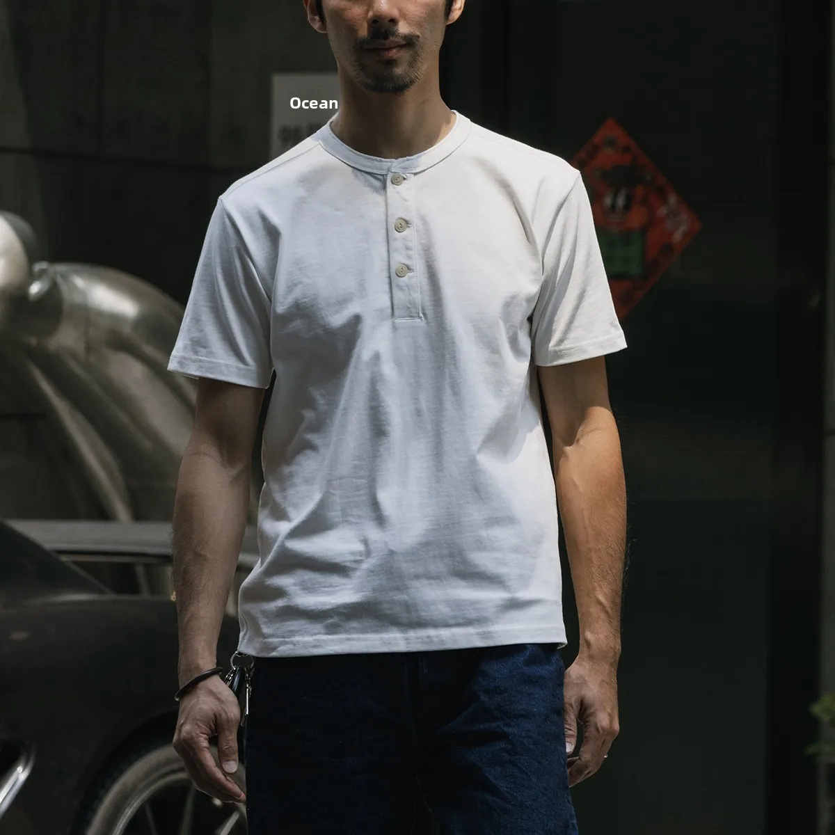 Rugged Bronson Bronson 21s2 Men's Heavyweight Pure Cotton Henry Collar Base Shirt American Retro Short Sleeve T-shirt