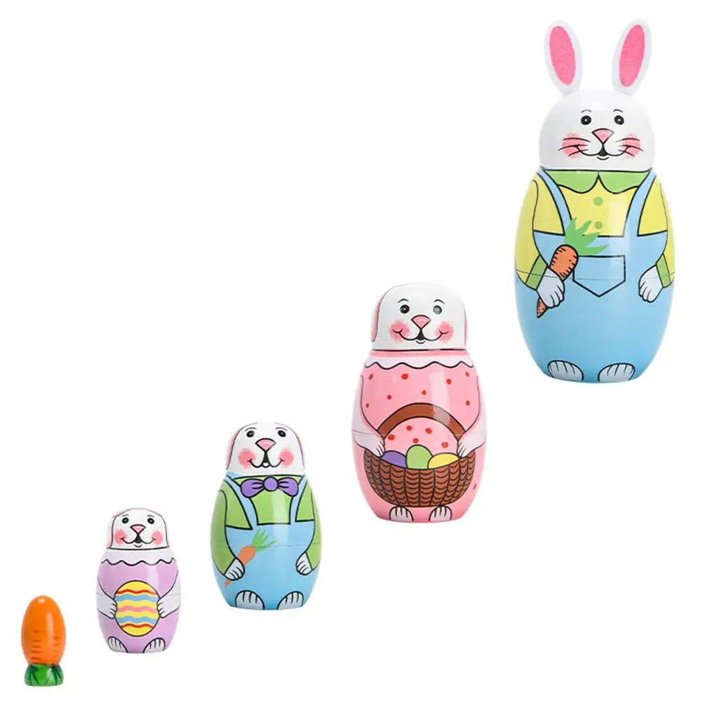 Wooden Painted Rabbit Nesting Decor Crafts Stacking Toys Unique Design Natural Wood Matryoshka Russian Gifts