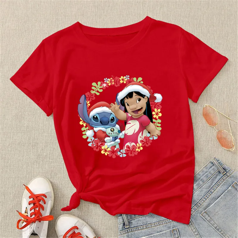 Fashion Christmas Hats with Stitch T Shirt Women Cartoon Tops Merry Christmas Gifts Cute Anime T-shirt Female Tshirt Clothes