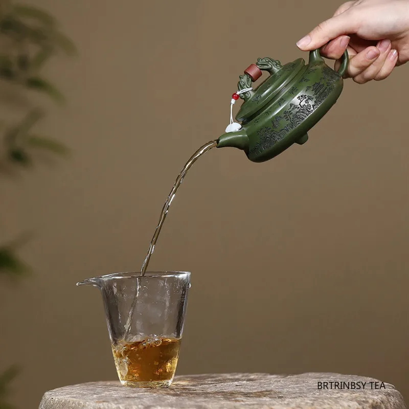 الصينية ييشينغ الأرجواني الطين إبريق الشاي الخام الخام الأخضر الطين براد شاي اليدوية المشهد غلاية أدوات الشاي المنزلية Zisha طقم شاي 260 مللي