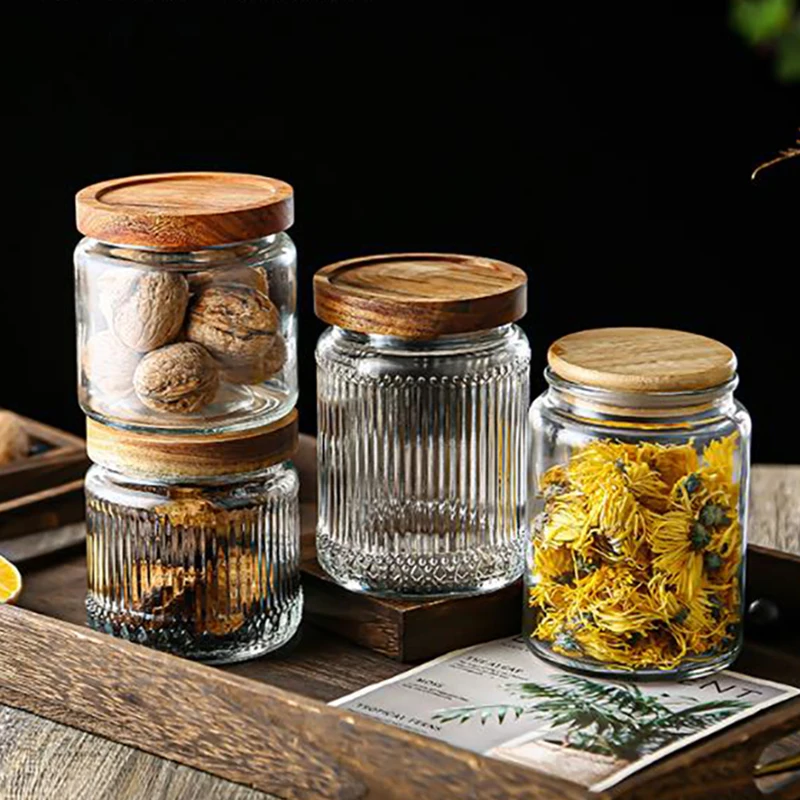 Glass Storage Jar with Wooden Lid Candy Dried Fruit Coffee Bean Medicinal Herb Storage Jar Sealed Household Striped Glass Bottle