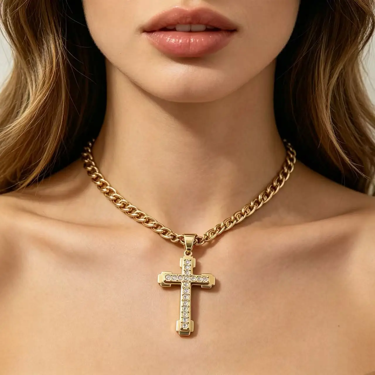 HNSP Stainless Steel Luxury Zircon Cross Necklace Pendant For Men Women Jewelry Accessories