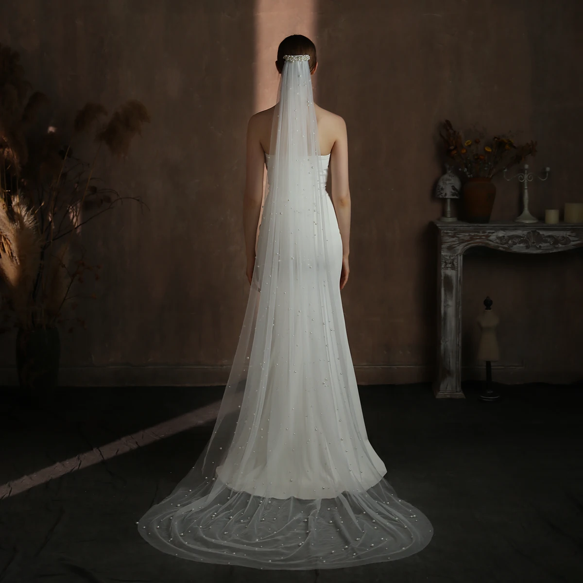 

V332 Wedding Bridal Cathedral Veil One-Layer Tulle with Pearls Beading Long Floor Train Handmade White Brides to Be Veil