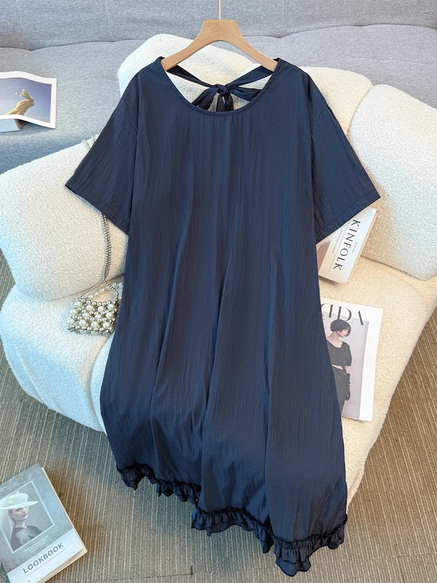 

150 кг, женское обхват груди, 15 летнее свободное платье с короткими рукавами и художественным темпераментом, темно-синее, 5XL, 6XL, 7XL, 8XL, 9XL