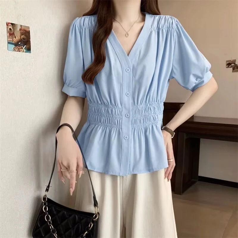 Plus Size Shirt and Blouses V-neck Short Sleeve Tops Elegant Solid Shirts Elastic Waist Office Lady Women Clothing Korean Sweet