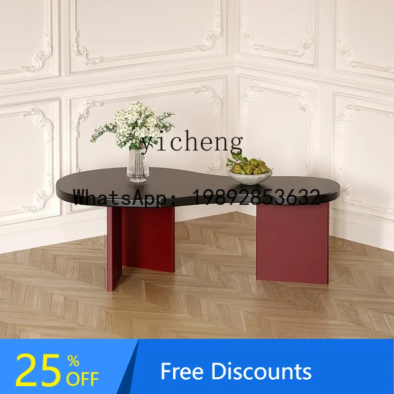 

Light Luxury Living Room Sofa Side Table Solid Wood Tea Table Dark Red Art Shaped Tea Table