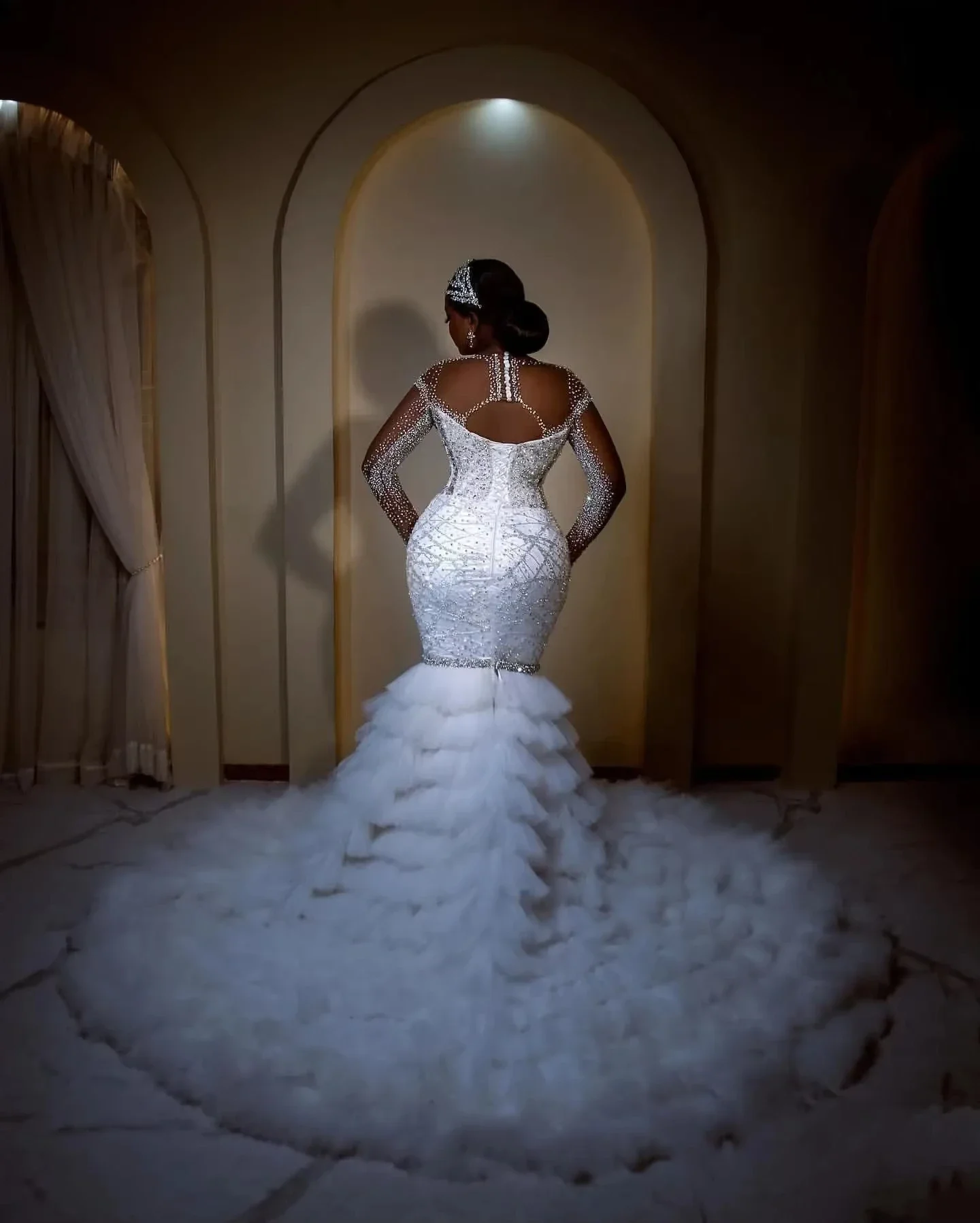 Grânulos personalizados lantejoulas sereia árabe aso ebi vestido de casamento para noiva mangas compridas aberto volta vestido de noiva removível