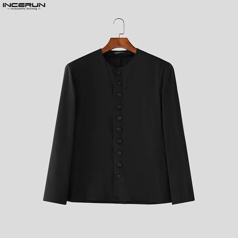 سترة INCERUN للرجال بلون سادة ورقبة دائرية وأكمام طويلة وزر بدلة رجالية غير رسمية ملابس خروج موضة ربيع 2026 معاطف رفيعة للرجال