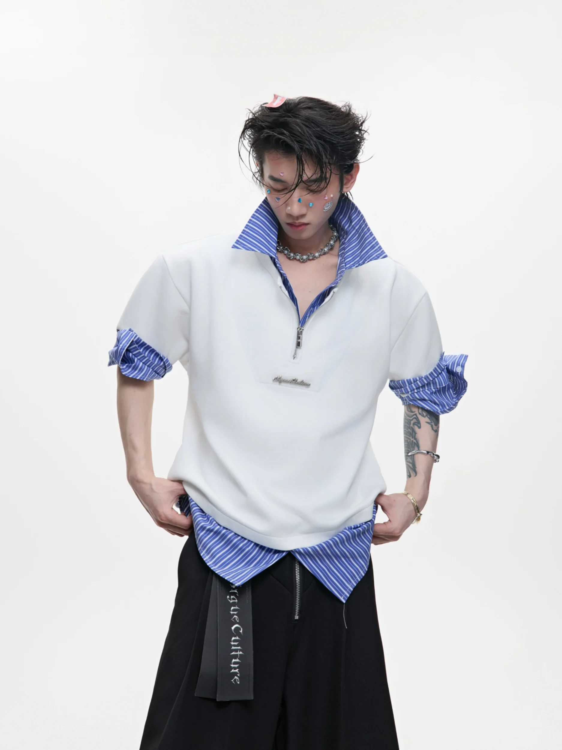 Elegant Stripe Loose Short Sleeve Shirt Fake Two-Piece Casual Style Breathable Cotton Polyester Blend Four Seasons Wear