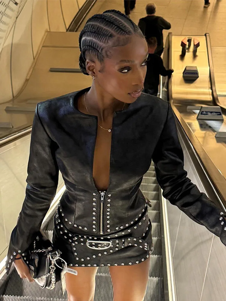 Tief Ausgeschnittene Metallische Kunstleder-Jacken Mini-Rock-Anzüge für Damen Sexy Langarm Reißverschluss Crop-Jacken Etuikleider Schicke Damen-Outfits – Detail 15