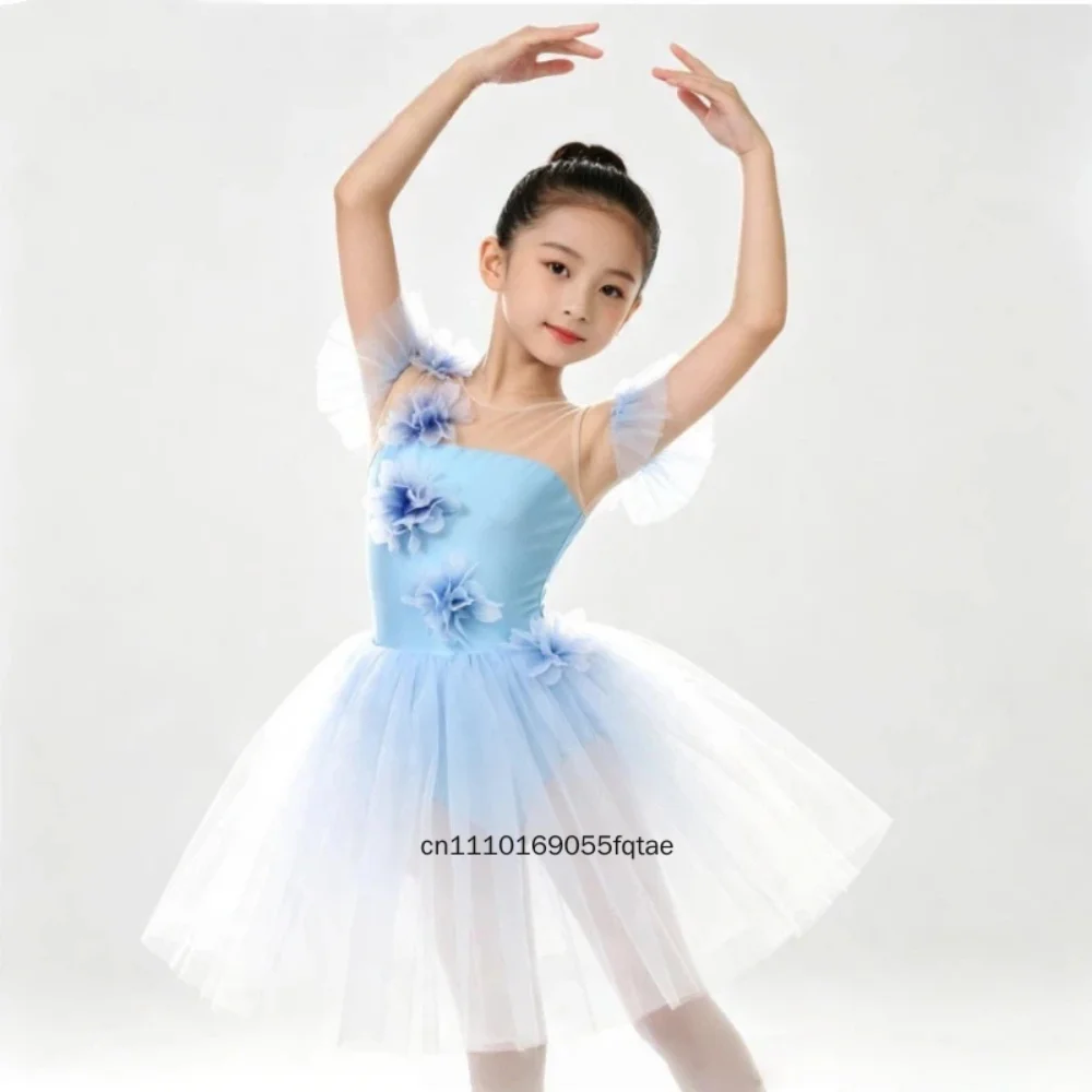 Ballet Performance Fluffy Blue Long Stage Dress For Women Female Professional Ballet Competition Costume Dance Recital Outfit