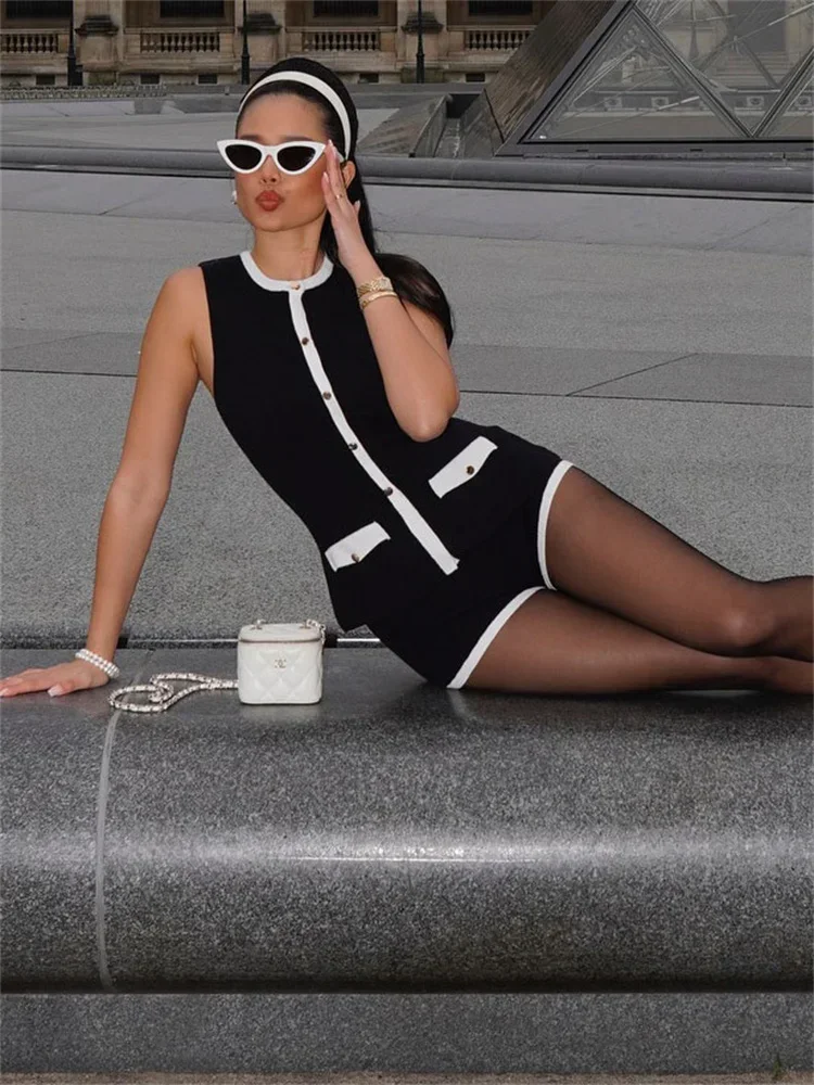 Elegante contraste 2 peça-set shorts feminino bolso retalhos cardigan topo e shorts de cintura alta define roupas de malhas de verão