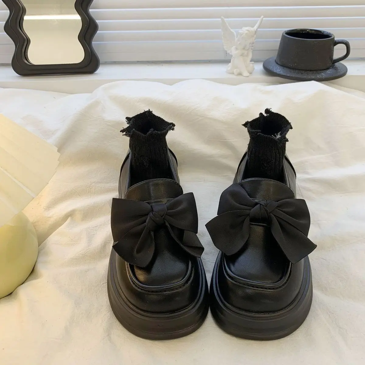 

Black Women Loafers New Summer Unique Retro Bow Knot Platform Slip On British Style Leather Shoes