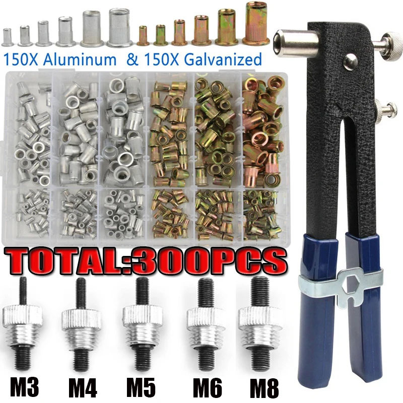 

150/300pcs Rivet Nuts Gun Mandrel Kit M3/M4/M5/M6/M8 or Nut Rivet Mandrels Repair Rivetgun Flatheadscrew Pop Nut Rivet Gun Set