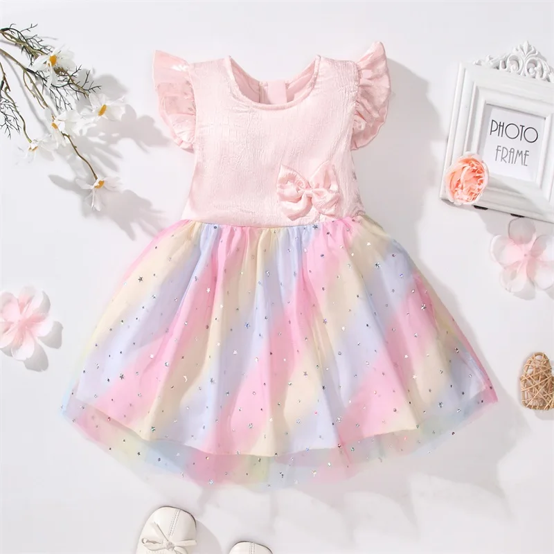 

Детское тюлевое платье для маленьких девочек, праздничное платье принцессы, летние повседневные платья без рукавов с рюшами и бантом для маленьких девочек