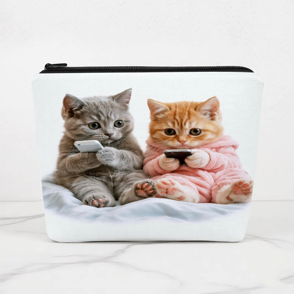 Cute Kittens With Phones Makeup Bags for Girls Cosmetic Pouch Toiletry Bag Pencil Case Travel Storage