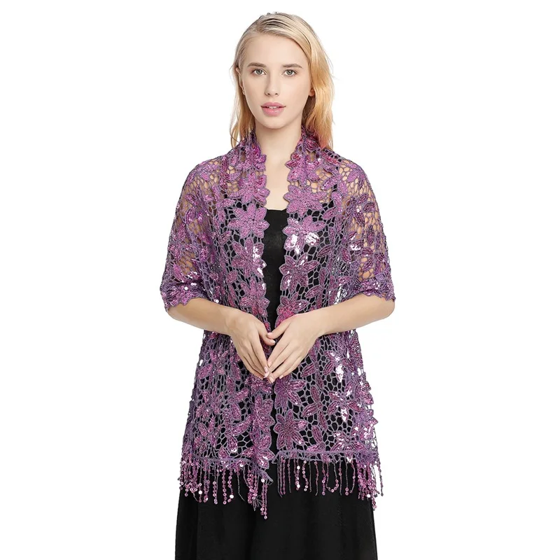 Spring Autumn New Sequin Tassel Shawl Cape European American Dinner Party Cheongsam Shawl High-end Shawl Woman Cloak Purple