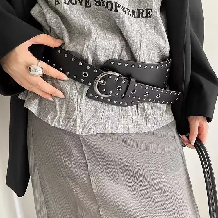 

Сверхмощный дизайн, широкий ремень для женщин, заклепки в стиле панк, юбка и брюки, жилет, ремень в американском стиле, популярный стиль для девочек