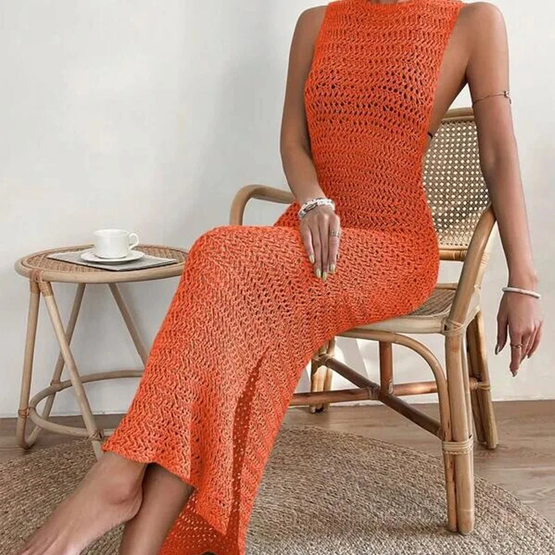 

100% Handmade High Quality Slip Bottom Maxi O Neck Hollow Out Two Colors Sheer Beach Cover Up Knitted Crochet Beach Dress