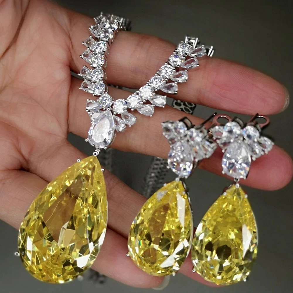 Luxury Large Pear Cut Lab Purple Yellow Pink Crystal Diamond Pendant Tennis Necklace Large Earrings Jewelry Set Women