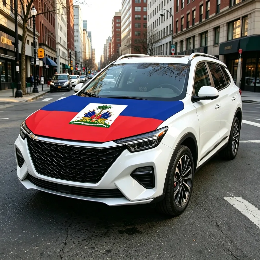 115x155cm 3.8x4.9ft Haiti National Emblem Flag Car Engine Hood Cover National Flag Fabrics For Pickup Truck SUV For Decoration