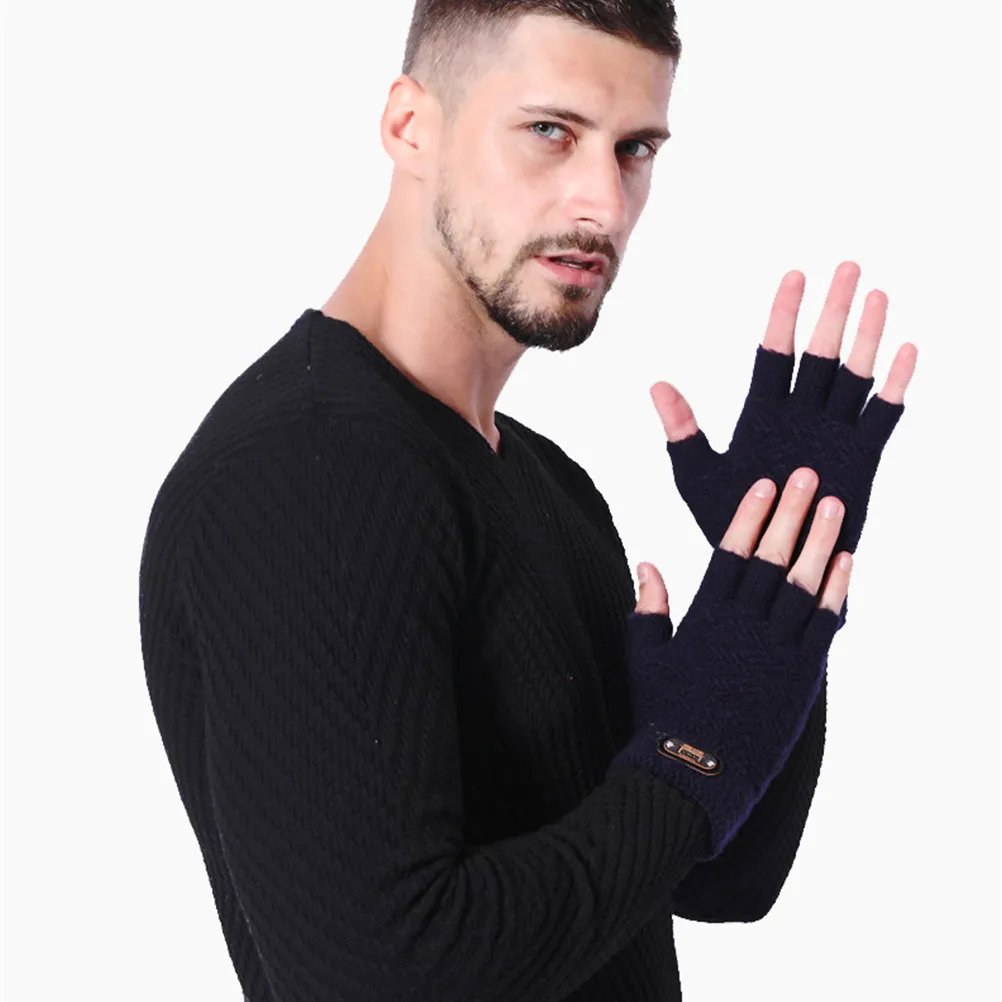 

1 Pair Touch Screen Gloves Men Knitted Winter Windproof Half Finger Gloves Navy Warm Outdoor Running Accessories