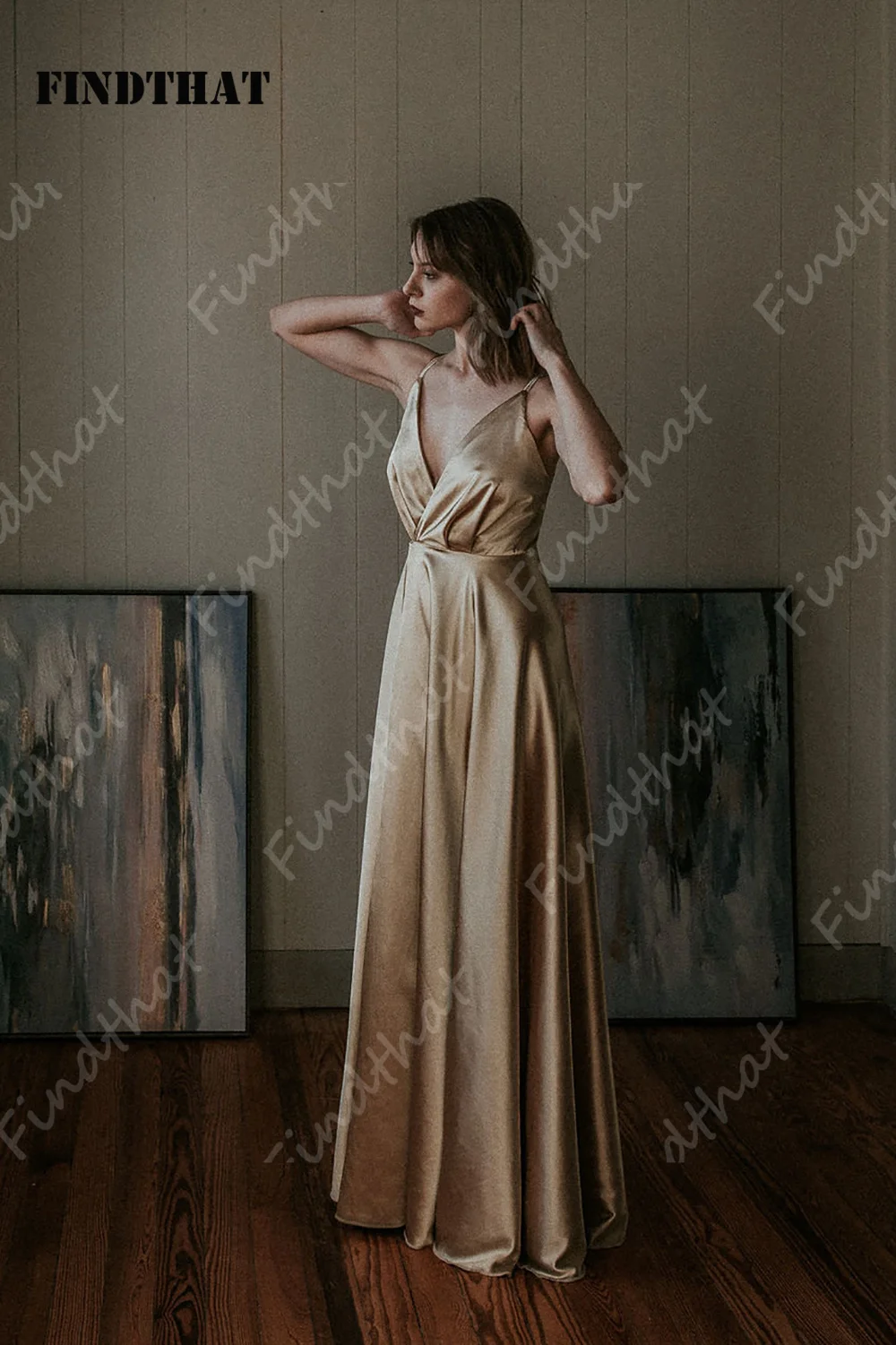 Findthat Sexy Ruched V-Neck Satin Evening Formal Dresses 2024 Spaghetti-Straps A-Line Side Slit Prom Party Gowns Floor Length