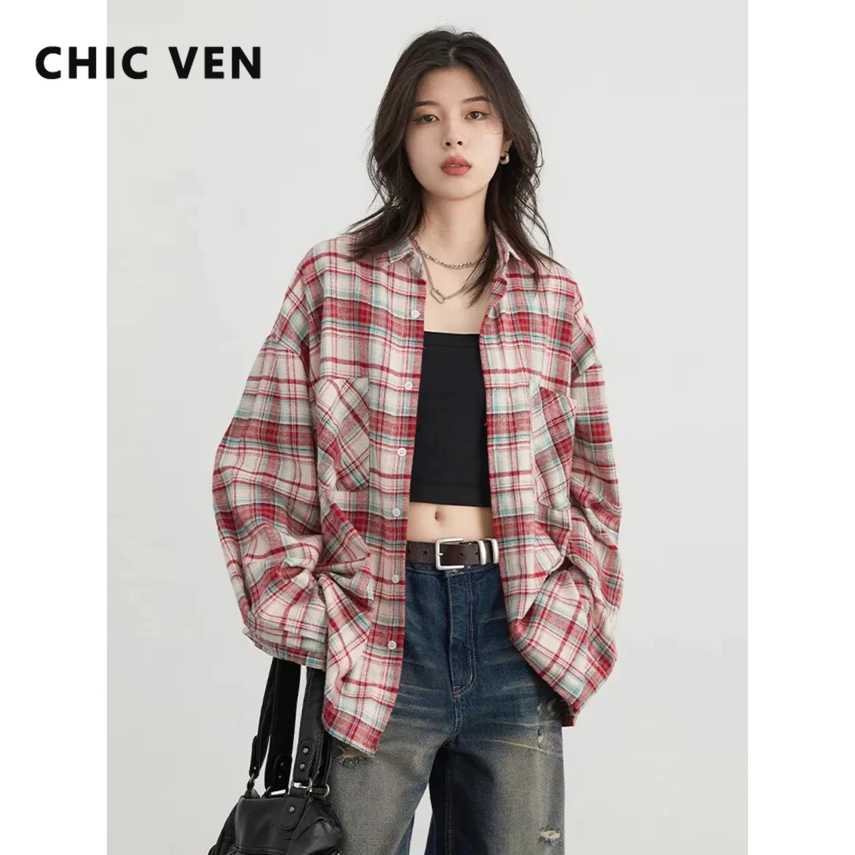 CHIC VEN Women Shirts Retro Casual Turndown Collar Plaid Cotton Tops Fashion Loose Female Blouses Streetwear Spring Autumn 2024