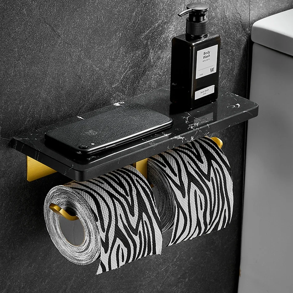 

Double Paper Holder with Phone Shelf Black Gold Aluminum Marble Luxury Kitchen Bathroom Paper Towel Rack Tissue Hanging Shelves